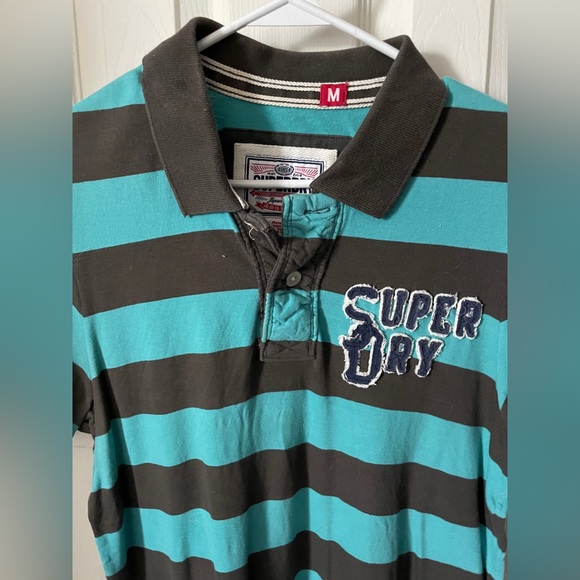 SuperDry Collared Polo Tee Shirt - Green Stripes with pocket - Picture 2 of 5